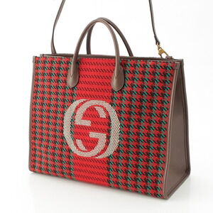 Gucci Shoulder Tote Leather Brown Interlocking Bag GG Wool Red Houndstooth